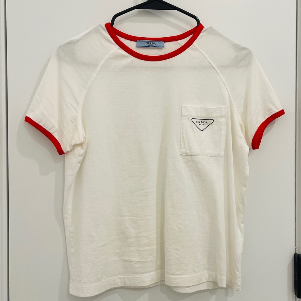 Prada Round Neck Logo Pocket Patch T-shirt -White- Size S